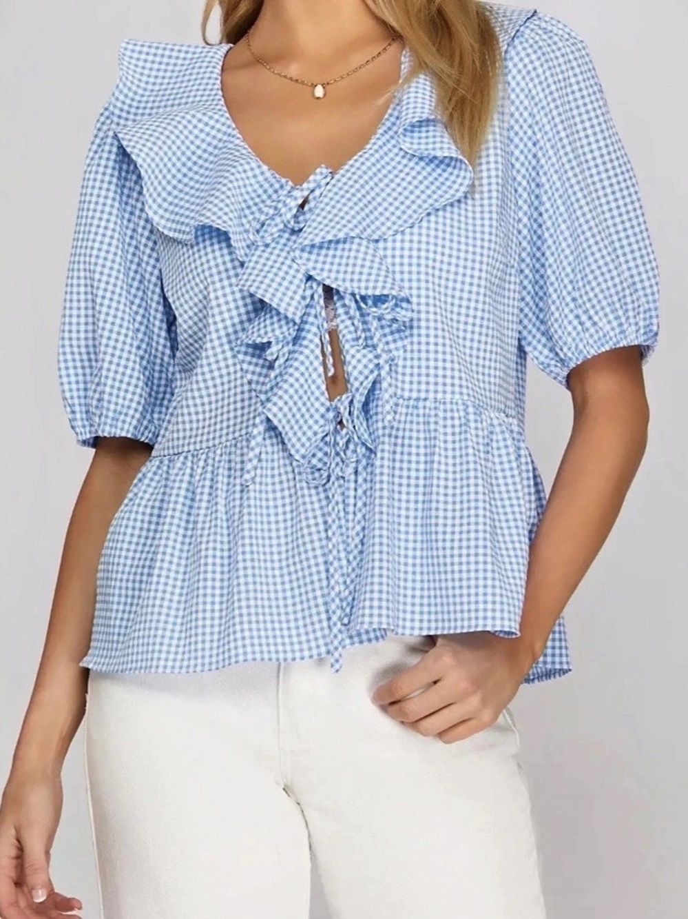 Blue & White Gingham Peplum Blouse NWT